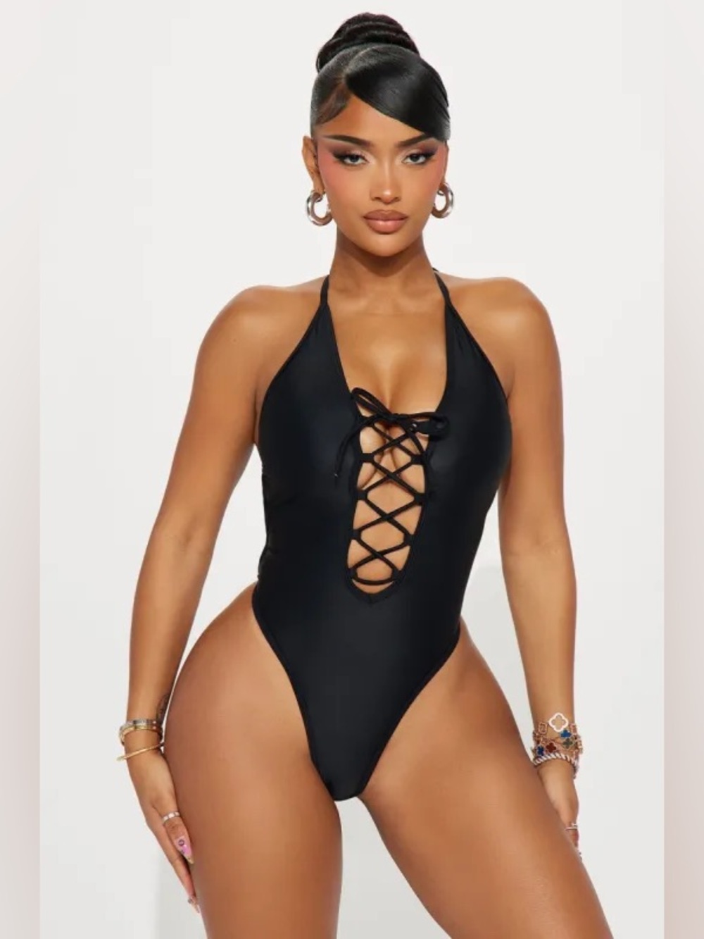 Black Halter Neck Front Tie One Piece Sexy Swimsuit